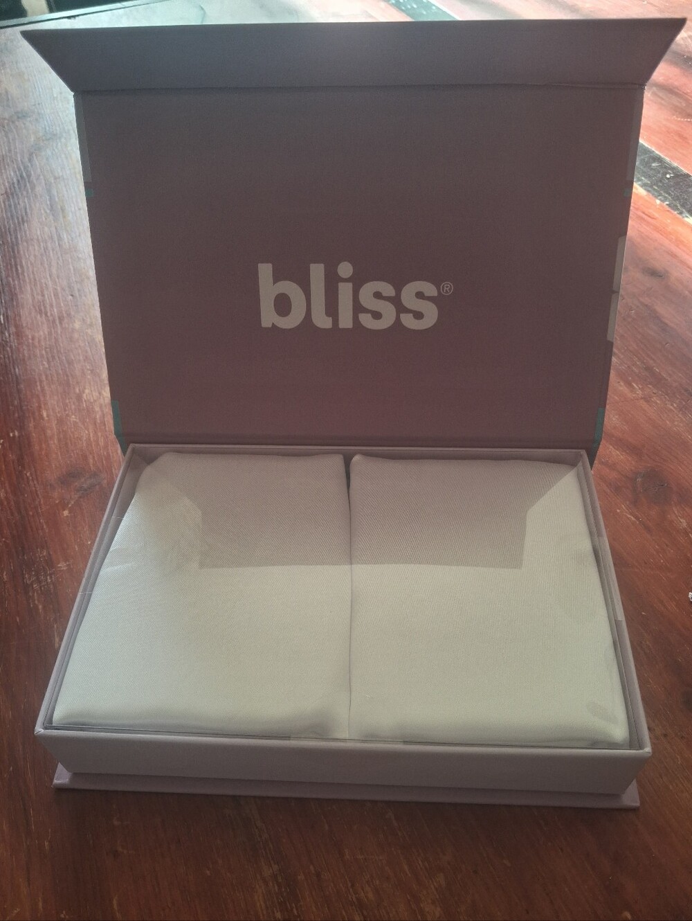 Bliss Satin Pillowcase Duo - White with Teal & Mauve Packaging